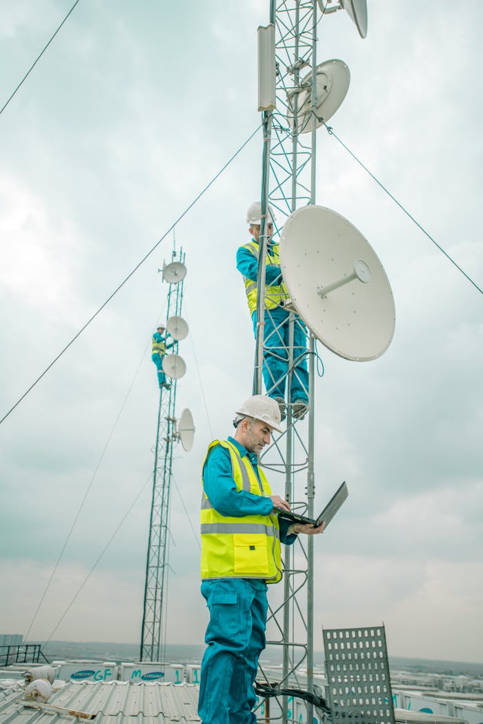 Technicians installing satellite dishes on tower under cloudy sky in Shaqlawa.